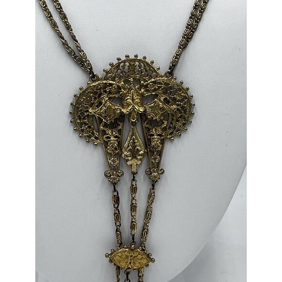 Vintage Signed ART Arthur Pepper VICTORIAN Style Necklace Gold 3 Tier Pendants - Picture 3 of 16